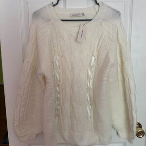 Francesca's Holly Ribbon Front Cable Pullover Sweater - White | Size: Large